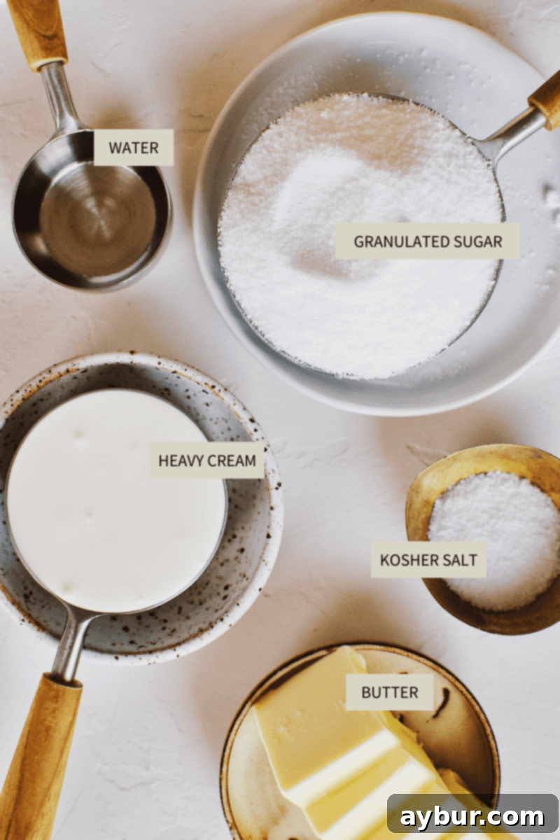 Simple Homemade Caramel Sauce ingredients laid out.