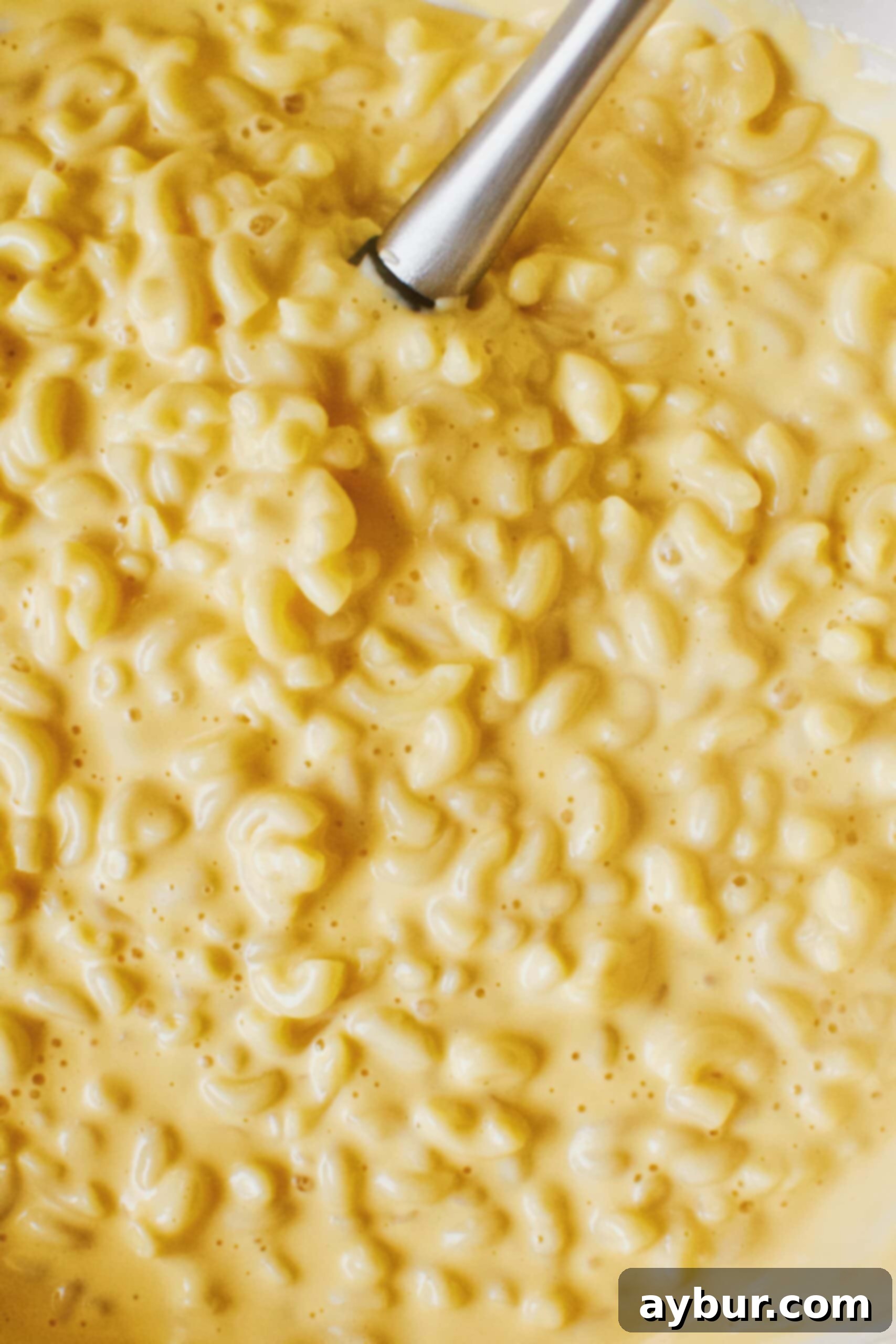 Velvety Golden Cheddar Sauce 3 Close-up shot of macaroni and cheese generously coated with golden cheddar syrup, highlighting its creamy texture.