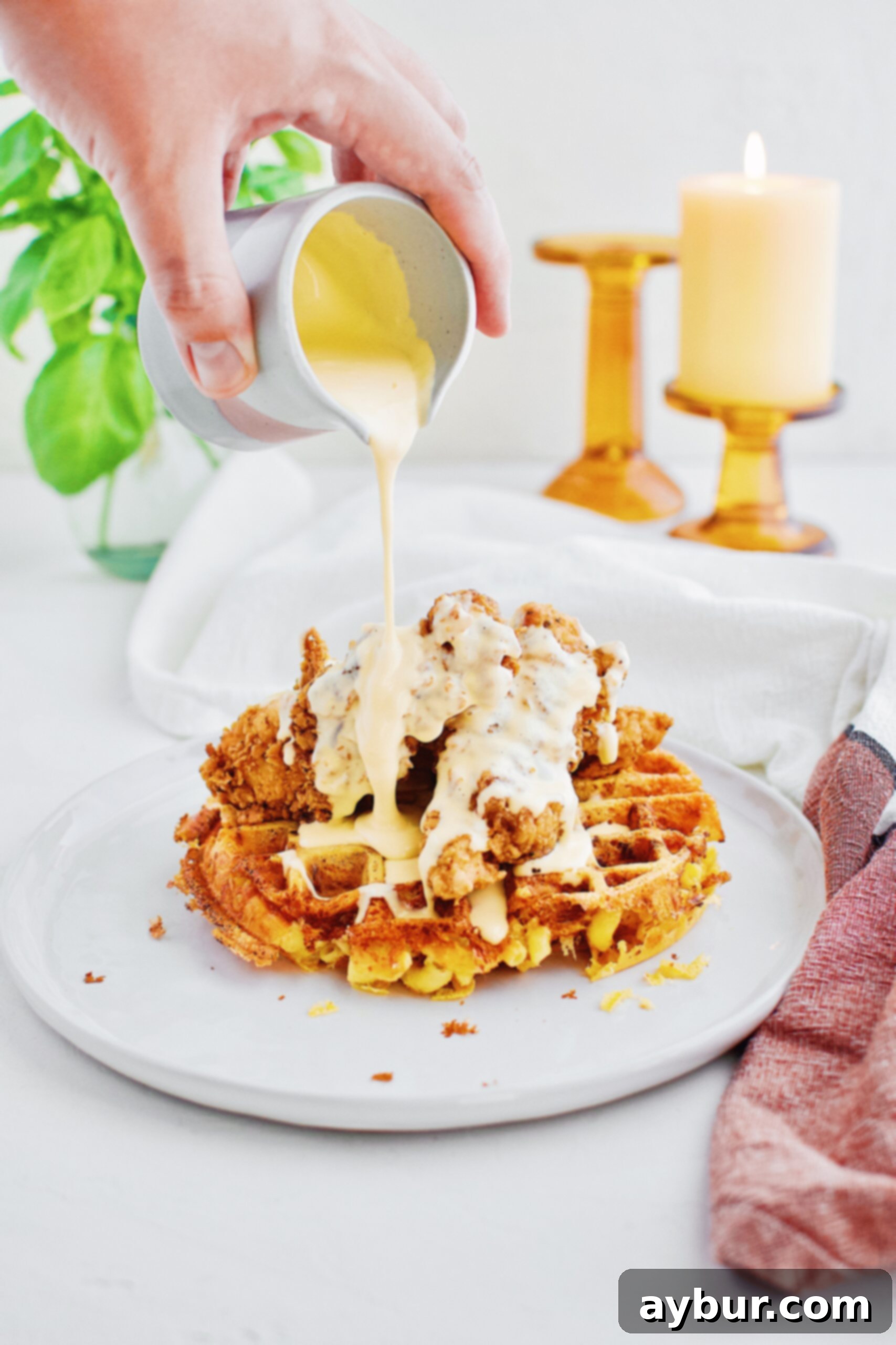 Velvety Golden Cheddar Sauce 5 A hand pouring a generous stream of golden cheddar syrup over a stack of chicken mac n' cheese waffles on a pristine white plate, creating an appetizing cascade.