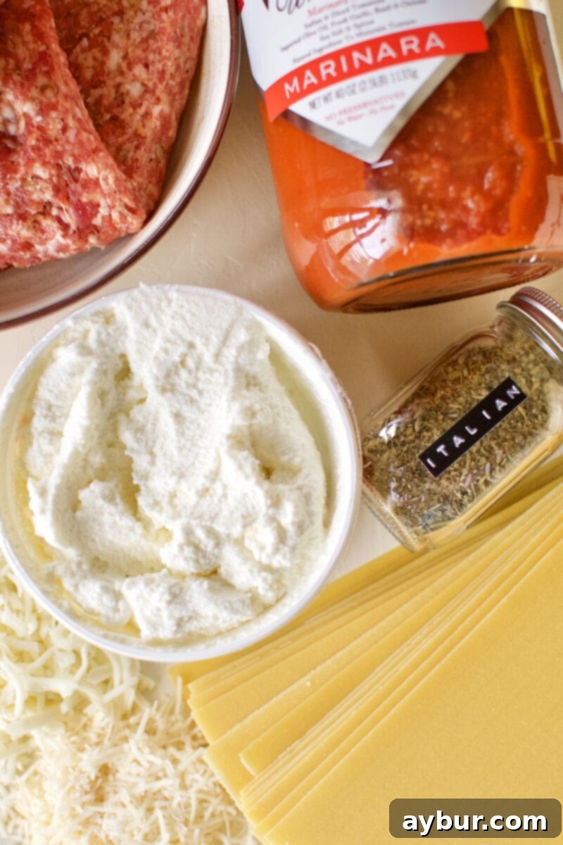 Arrangement of ingredients necessary for preparing a quick and delicious homemade lasagna, featuring jars of marinara sauce, oven-ready lasagna noodles, and fresh cheese.