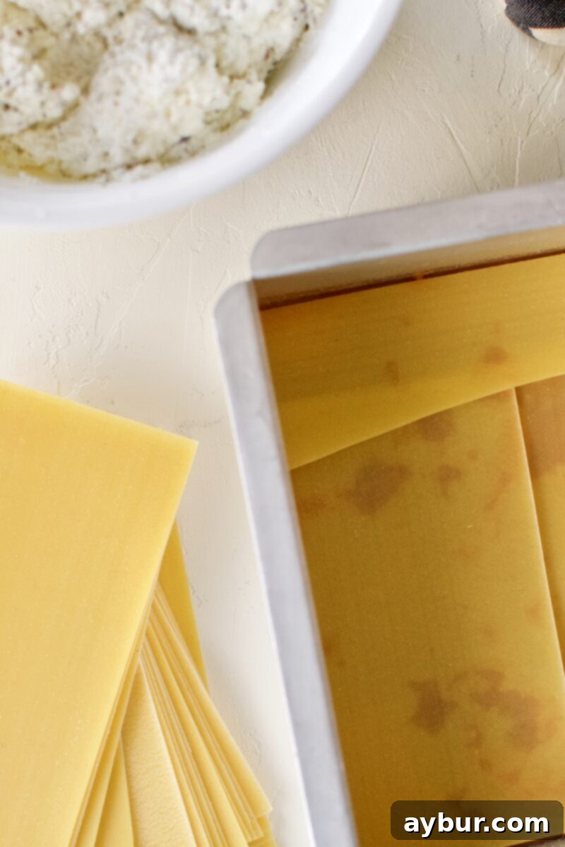 The second layer of homemade lasagna: neatly placed oven-ready lasagna noodles forming a solid base over the initial sauce layer.