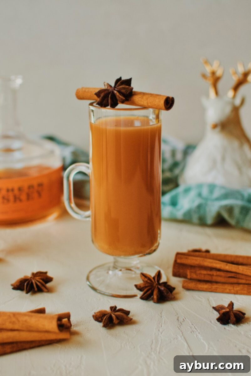 Fireside Whiskey Wassail 2 Winter Whiskey Wassail garnished with a cinnamon stick and star anise pod.