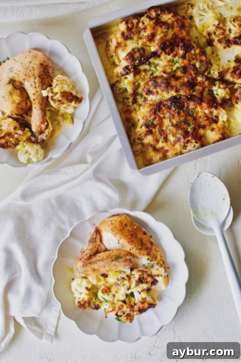 Cheesy Cauliflower and Leek Gratin 2 Cauliflower and Leek Gratin served alongside a perfectly roasted piece of chicken.