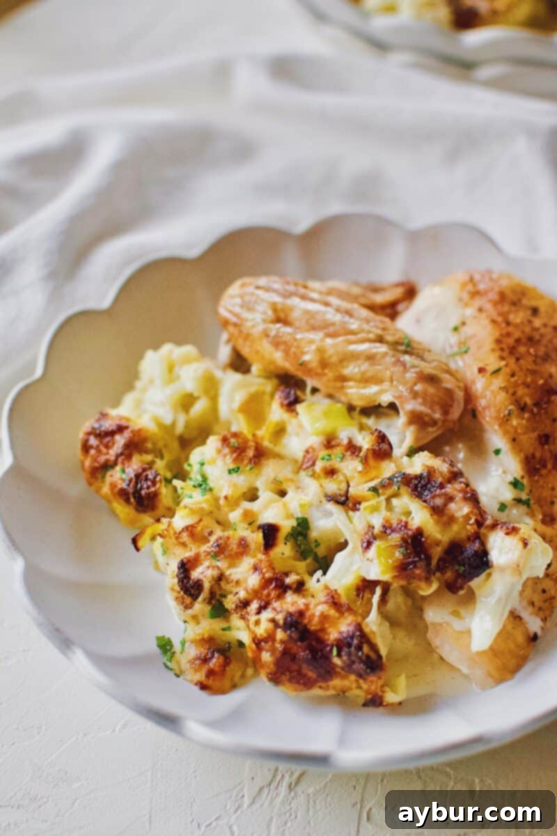 Cheesy Cauliflower and Leek Gratin 12 Cauliflower and Leek Gratin portion served with a piece of roast chicken on a plate.