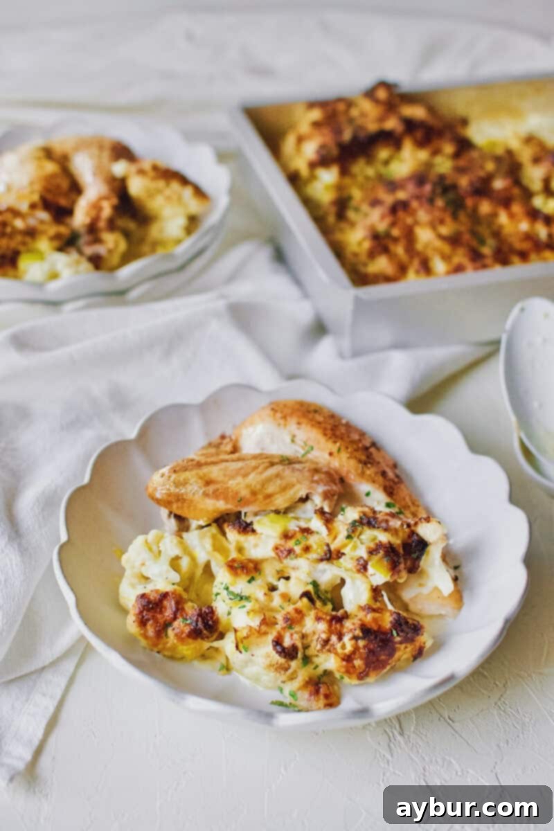 Cheesy Cauliflower and Leek Gratin 16 Another view of the delicious cauliflower and leek gratin served with roast chicken.