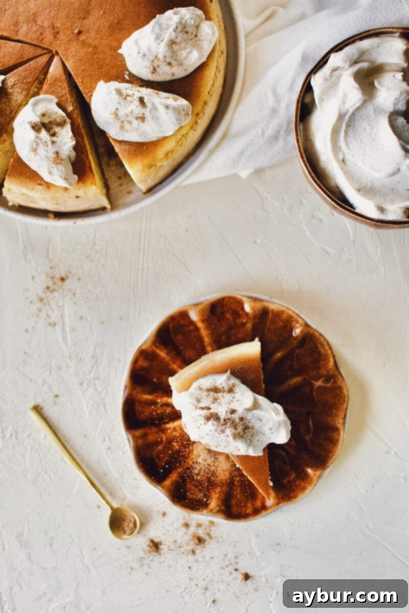A second view of a slice of Chai-Spiced Cheesecake on a plate, showcasing its rich texture.