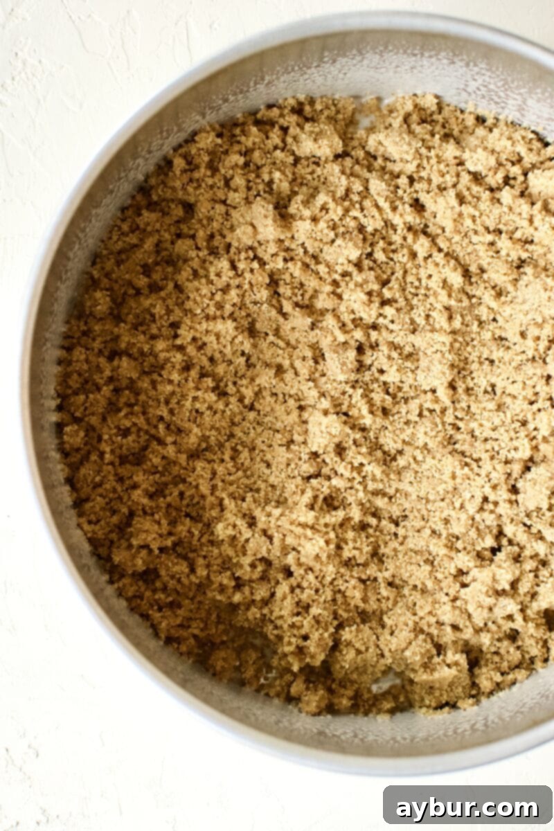 Graham Cracker Crust mixture loosely placed into a round cake pan before pressing.