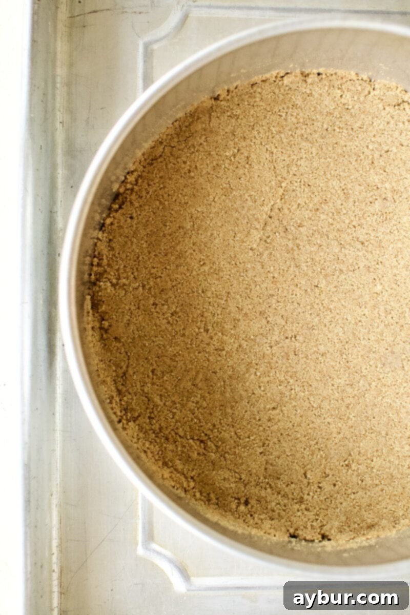 Baked Graham Cracker Crust firmly pressed into a cake pan, golden brown and ready for filling.