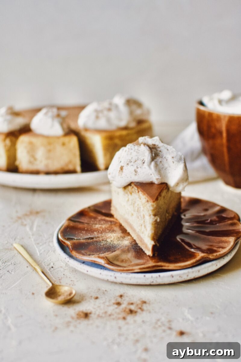 A beautifully presented slice of Chai-Spiced Cheesecake on a plate, showing its creamy interior and delicate crust.