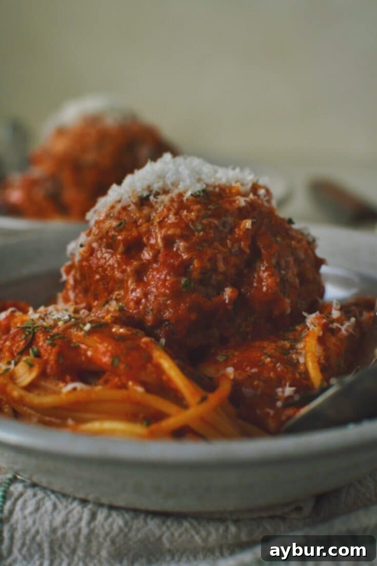 Mega Meatball Masterpiece 15 Close up on a single giant meatball served over spaghetti.