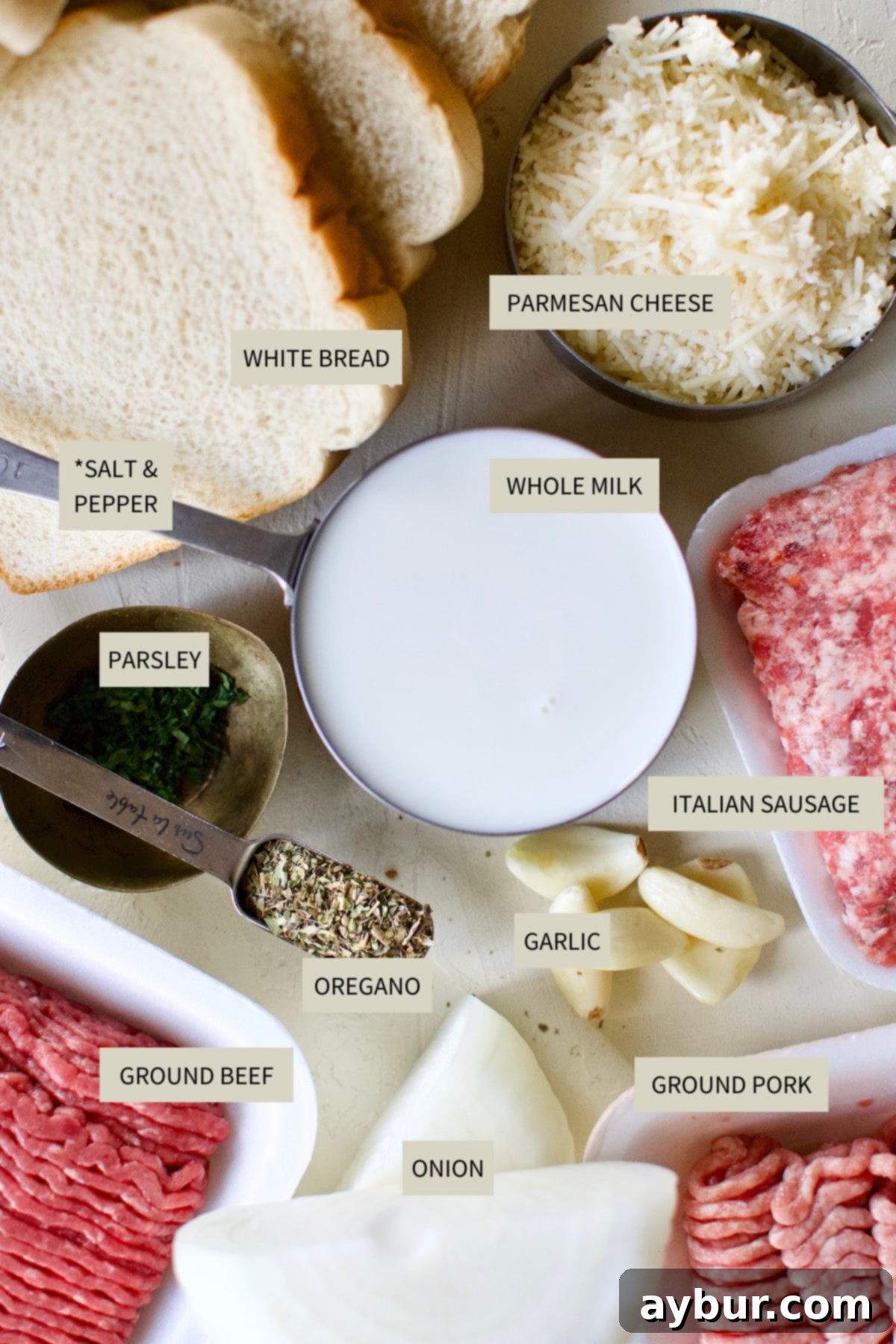 Mega Meatball Masterpiece 3 All the fresh ingredients needed to make Giant Meatballs, neatly arranged on a rustic wooden table with descriptive tags.