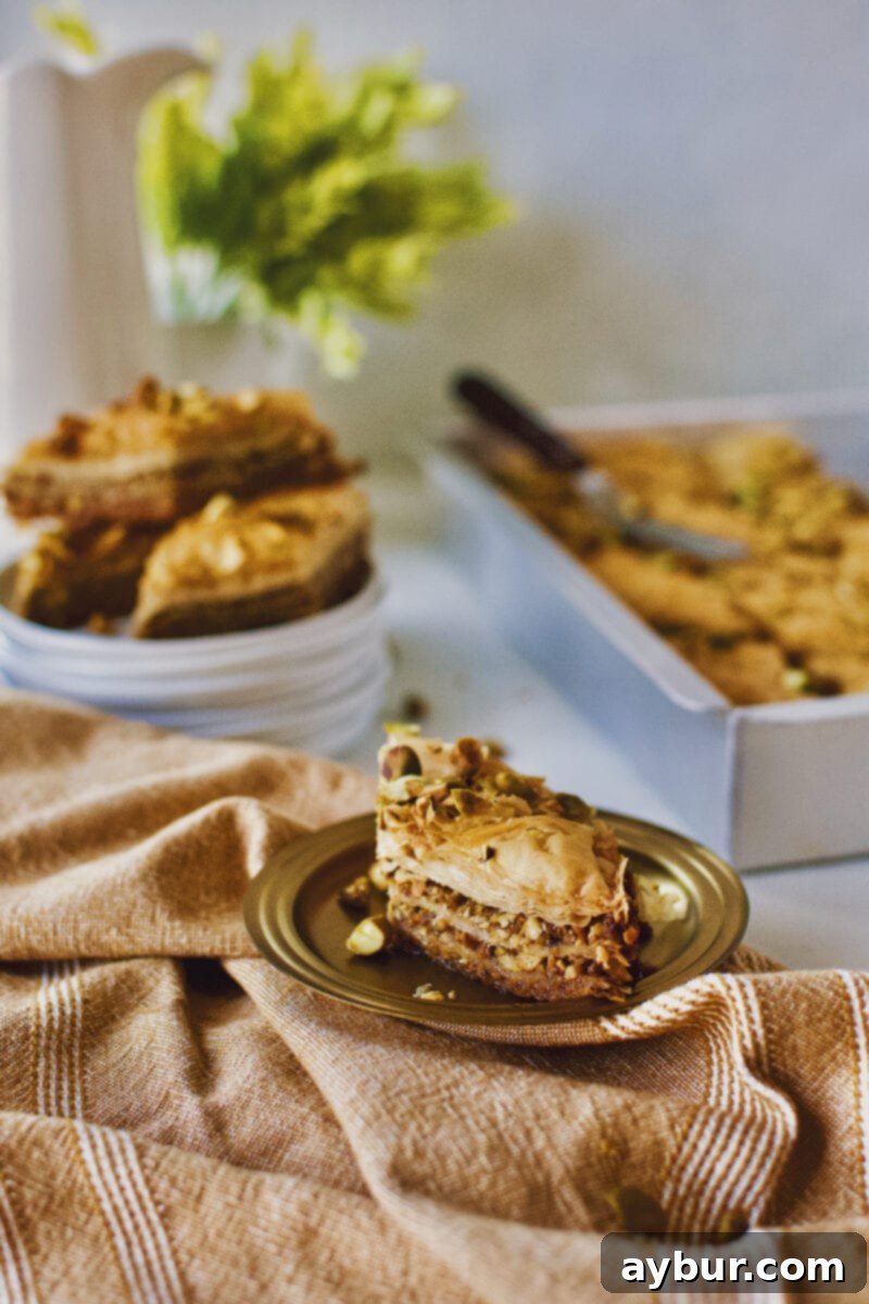 Joanna Gaines recipe for Baklava served right out of the baking dish on a gold plate.