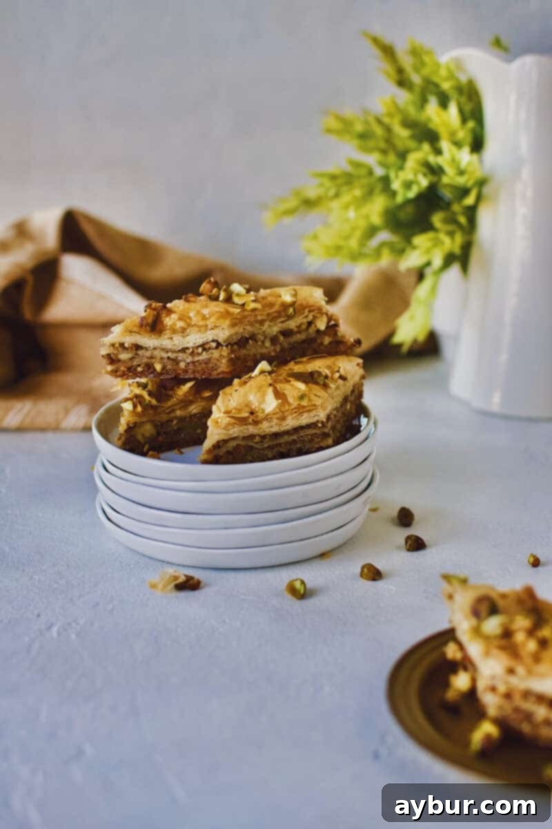 Joanna Gaines recipe for Baklava stacked on a white plate.
