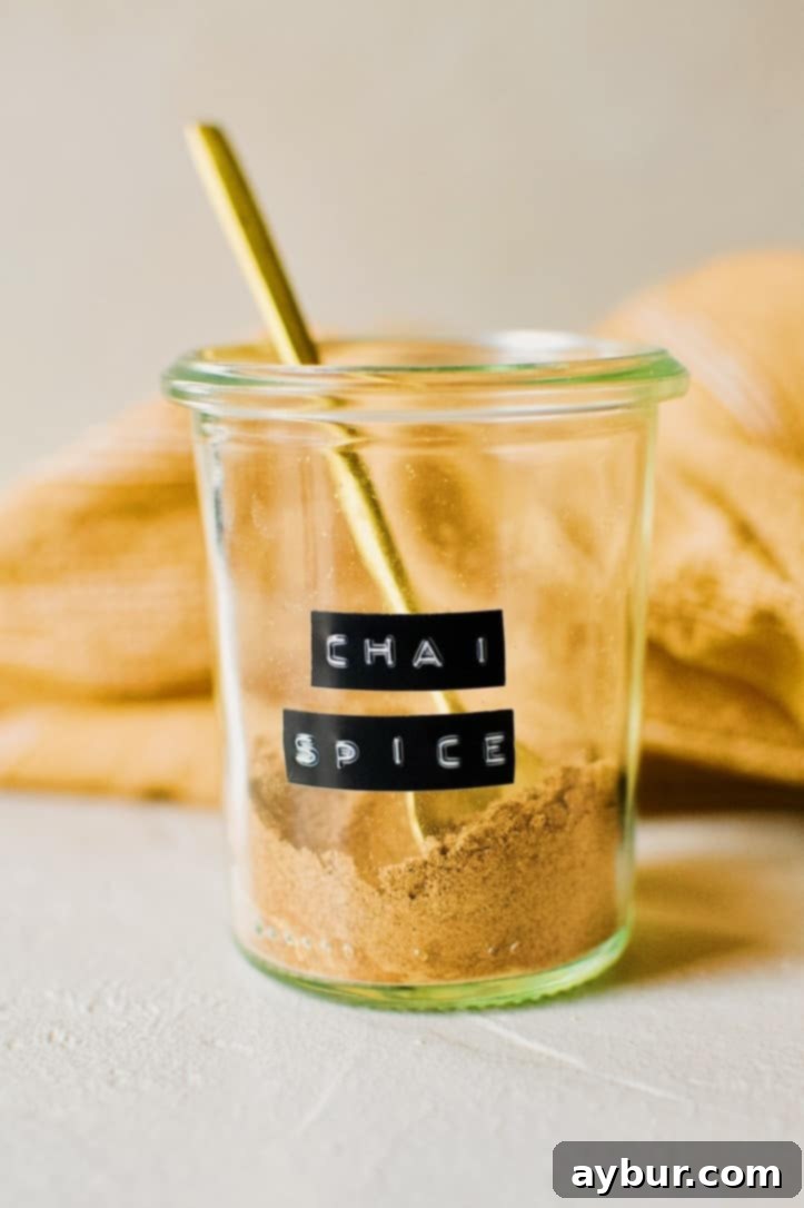 Kendell's Chai Spice Mix in a glass jar labeled Chai Spice.