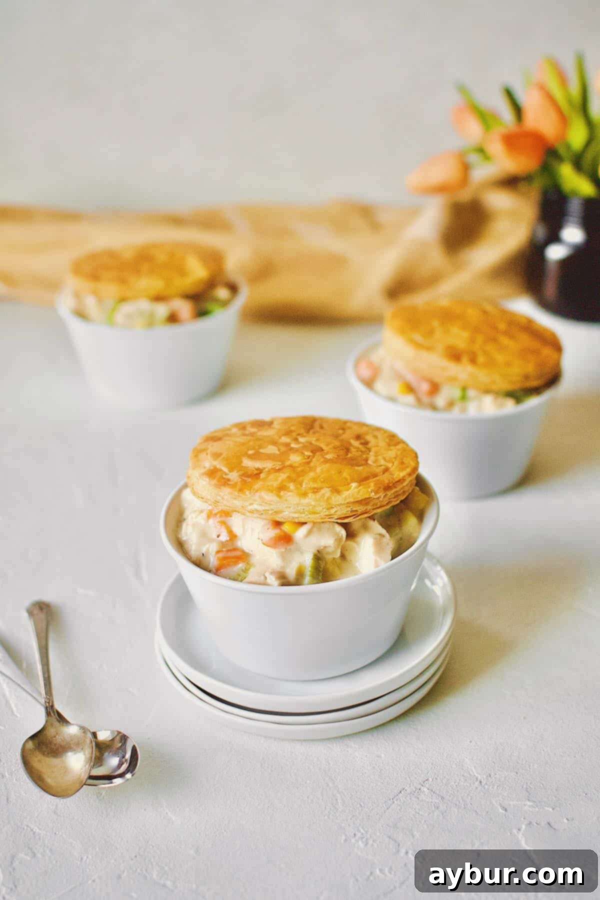 3 individual Chicken Pot Pie with Puff Pastry tops.