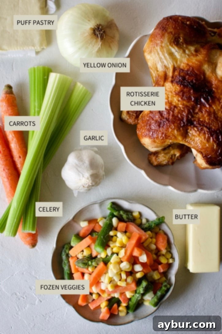 Ingredients needed to make Individual Chicken Pot Pies with Puff Pastry.