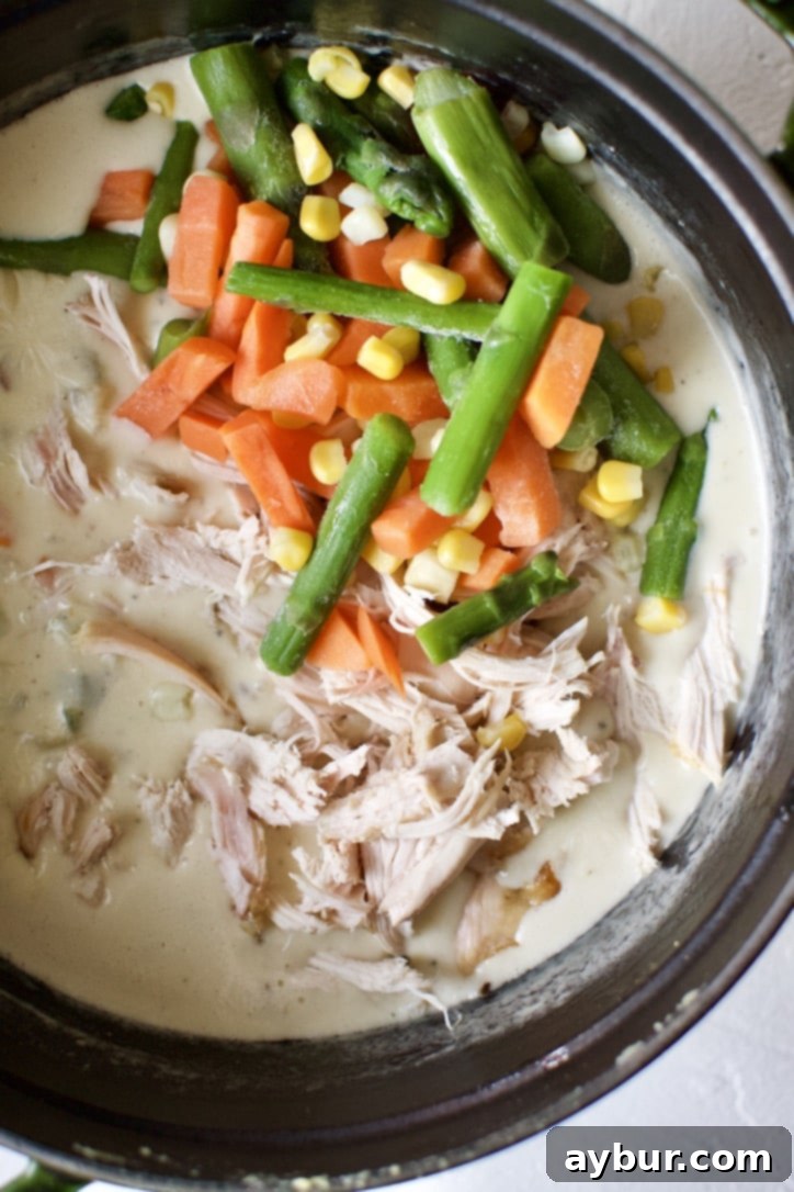 Adding the chicken and frozen veggies to the chicken pot pie filling.