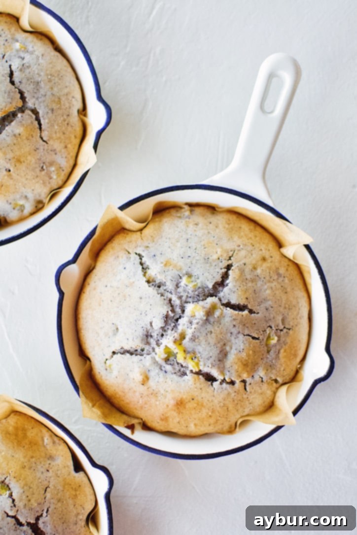 A mini blue cornbread, freshly baked and golden brown, still warm in its cast-iron skillet.