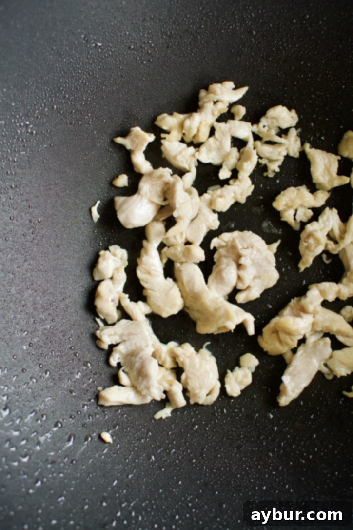 Easy Homemade Lo Mein Just Like Takeout 4 Chicken cooking in a hot wok.