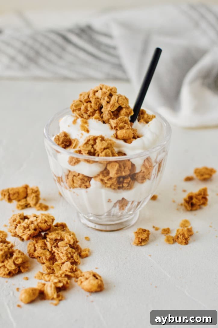 Ultimate Peanut Butter Granola Crunch 3 Crunchy Peanut Butter Granola in a bowl with yogurt.