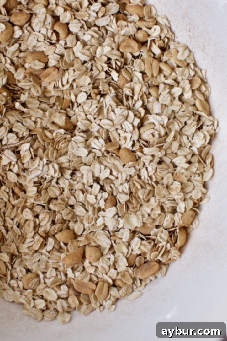 Ultimate Peanut Butter Granola Crunch 7 Dry ingredients mixed together for making Crunchy Peanut Butter Granola