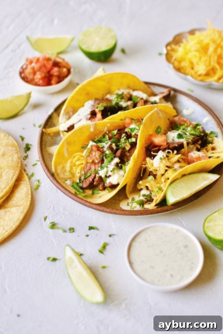Close-up of three delicious Carne Asada Fajita Steak Tacos, garnished with cilantro and onions.
