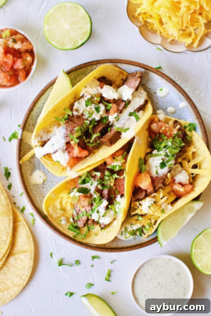 A vibrant close-up of a Carne Asada Fajita Steak Taco, garnished with fresh cilantro and lime wedges.