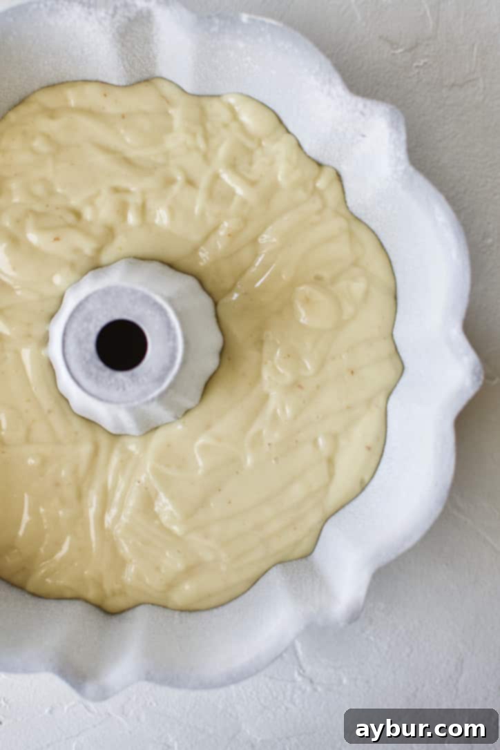 Freshly blended cake batter in a bundt pan.