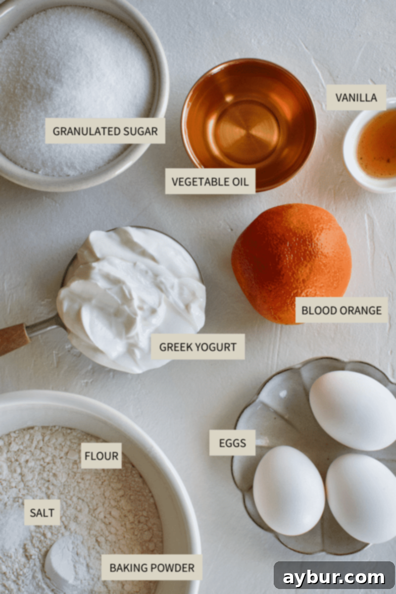 Ingredients needed to make Yogurt Cake with Blood Orange Glaze.