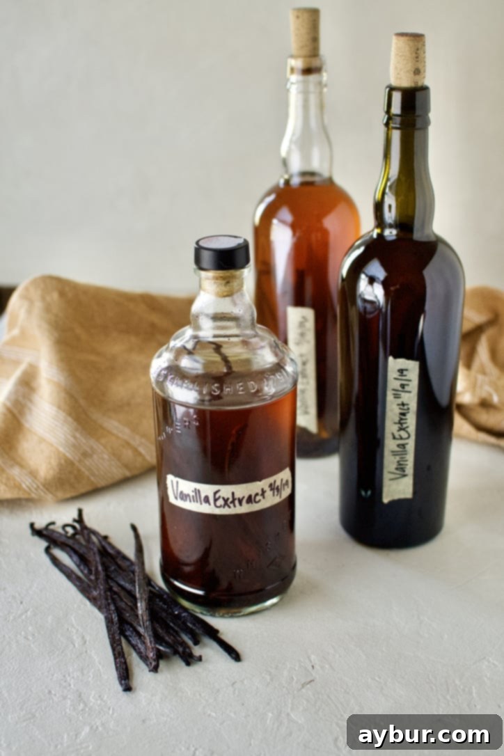 From Bean to Bottle: Homemade Vanilla Extract 11 Close-up of a well-aged bottle of homemade vanilla extract with a wooden label, emphasizing its artisanal quality.