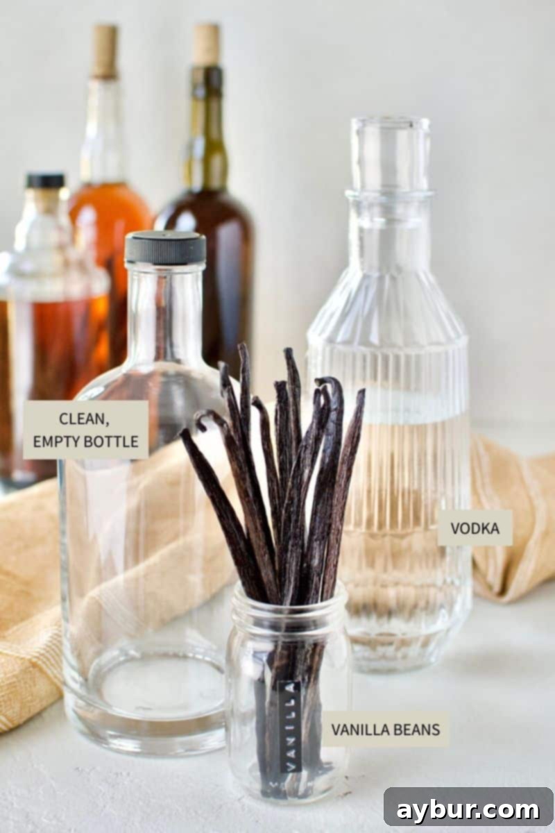 From Bean to Bottle: Homemade Vanilla Extract 3 Ingredients needed to make Homemade Vanilla Extract: vanilla beans, a bottle of vodka, and an empty glass bottle.