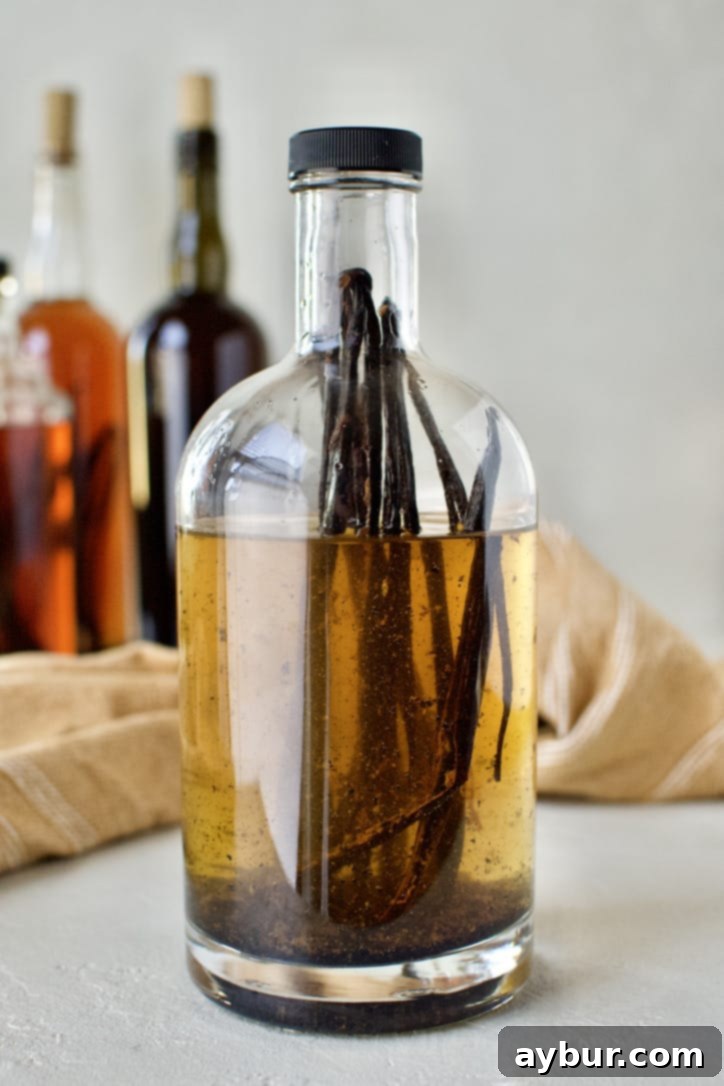 From Bean to Bottle: Homemade Vanilla Extract 8 A bottle filled with vodka and vanilla beans, showing a light amber color, after initial shaking.