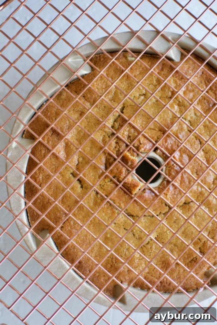 Preparing to turn the warm bundt cake out of its pan onto a cooling rack.