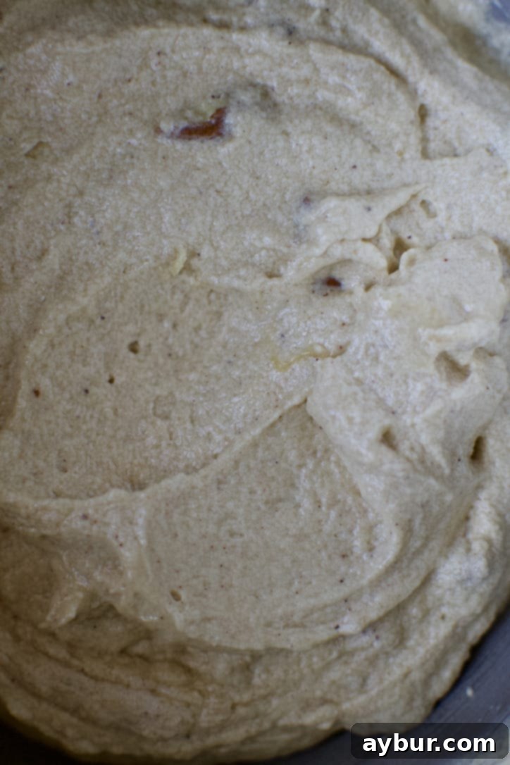 Finished cake batter, smooth and ready to be transferred into the prepared bundt pan for baking.