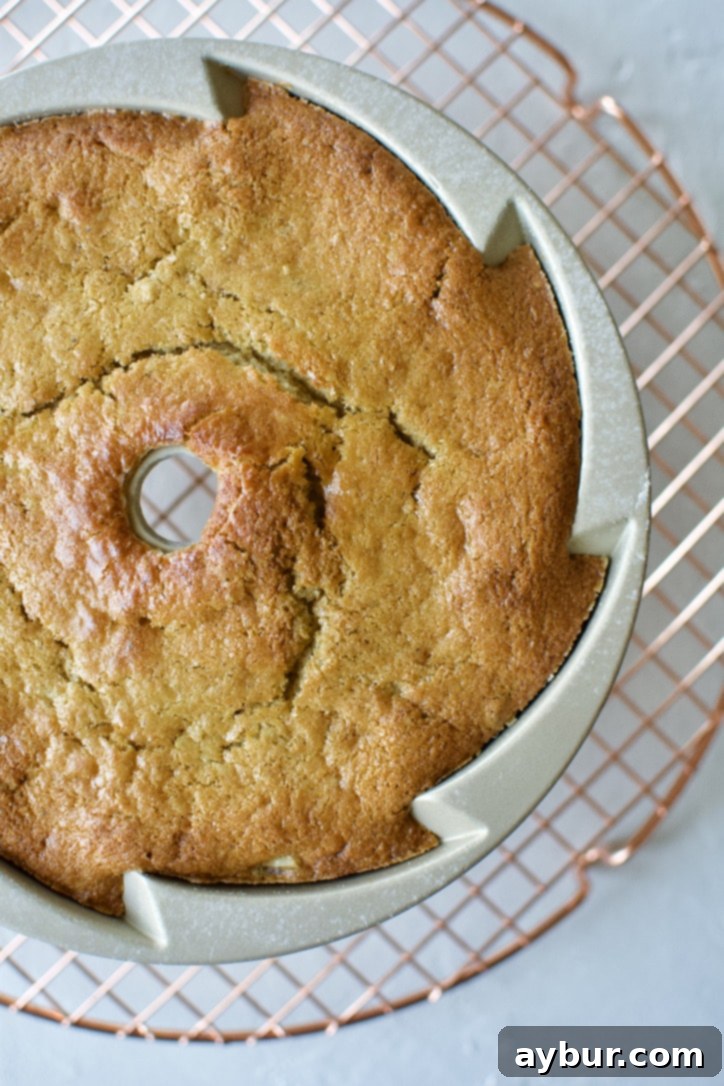 Freshly baked cake cooling for 10 minutes in the bundt pan on a wire rack, allowing it to set.