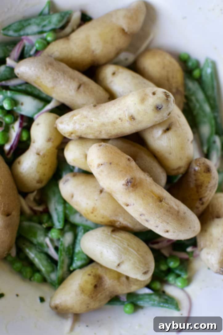 Adding cooked potatoes to the bowl and tossing all ingredients for the salad.