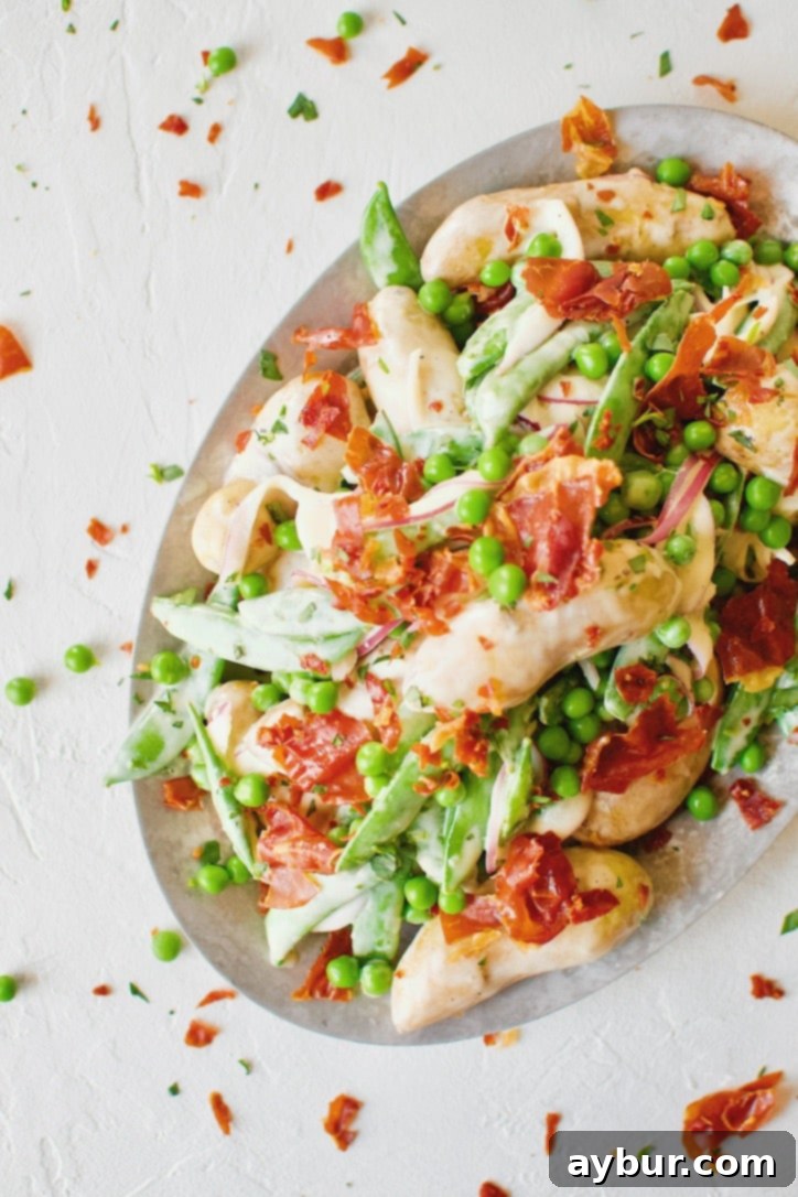 Close-up of Spring Potato Salad with Peas and Crispy Prosciutto.
