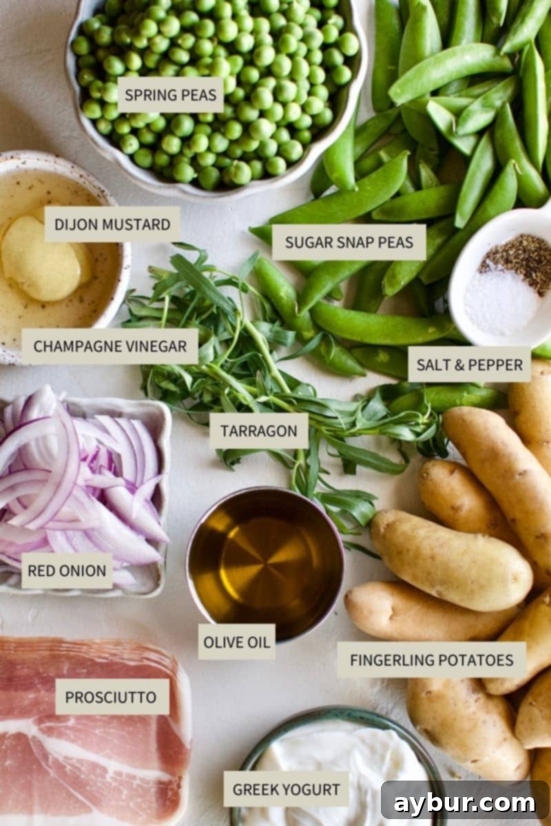Ingredients for Spring Potato Salad including peas, prosciutto, and tarragon.