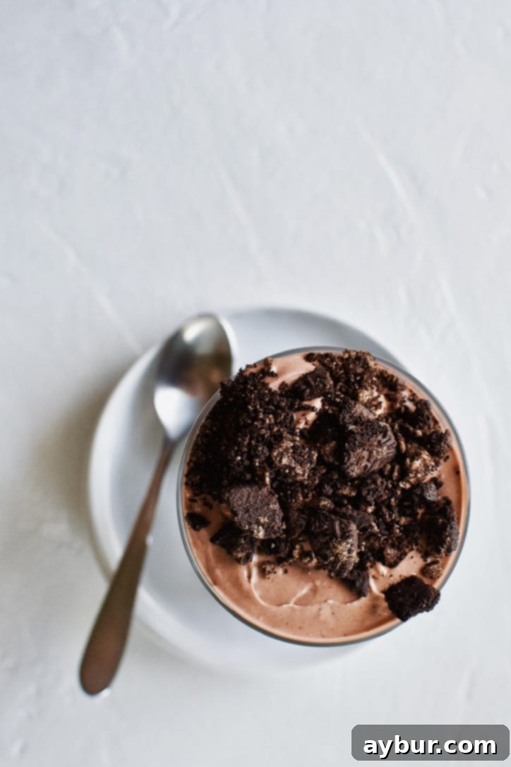Chocolate Peanut Butter Oreo Dirt Pudding served in a glass cup, showing layers of crushed cookies and rich pudding.