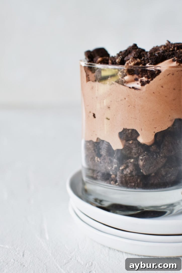 Close-up of the smooth, creamy texture of the chocolate peanut butter Oreo dirt pudding.