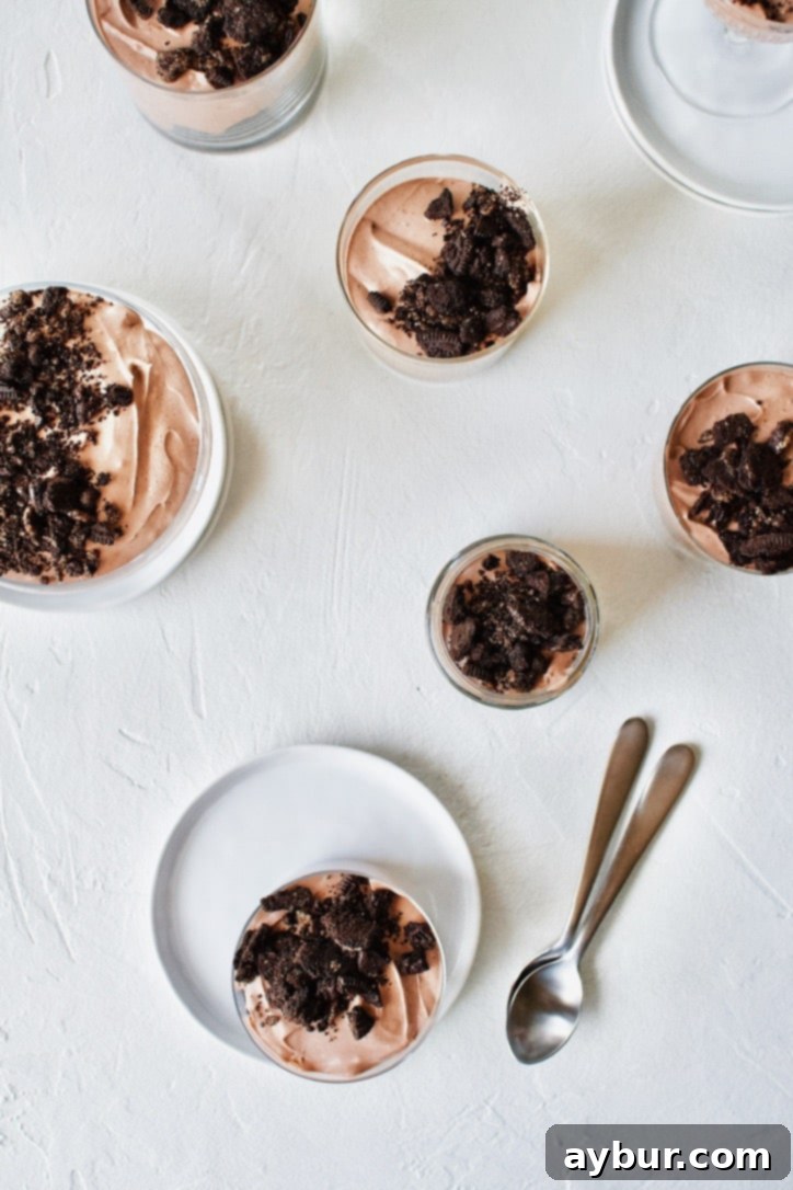 Close-up of a spoon digging into the creamy layers of Chocolate Peanut Butter Oreo Dirt Pudding.