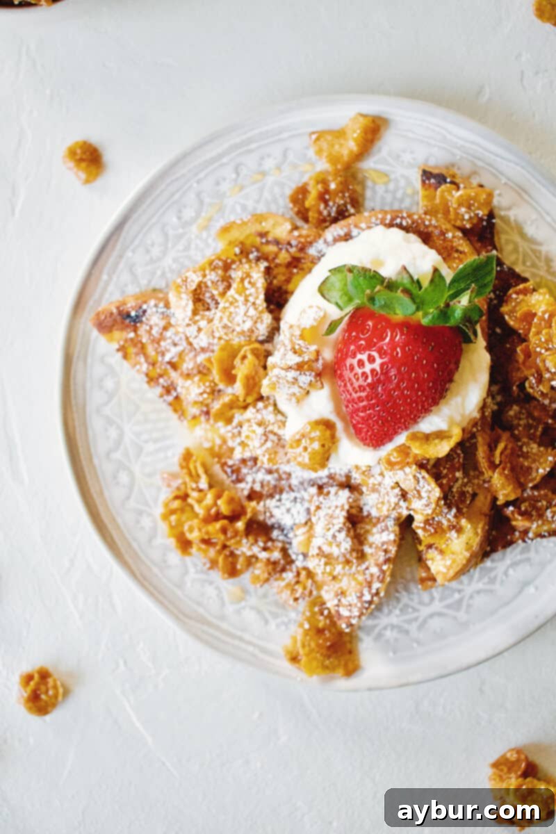 French Toast Crunch: Not Worth the Hassle 5 A stack of perfectly cooked Custard French Toast, topped with caramel cornflake crunch, illustrating the successful combination of the author's recipe with Joanna Gaines's topping, by KendellKreations