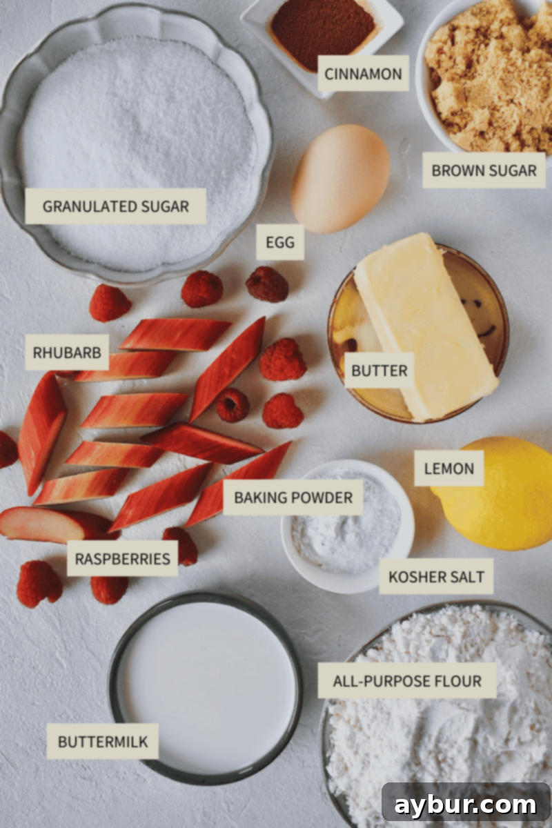Ingredients needed to make Raspberry Rhubarb Buckle, laid out on a counter.