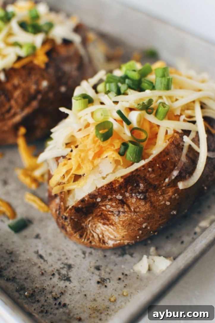 Crispy Skin Baked Potatoes topped with melted white and sharp cheddar cheeses and chopped green onions, ready to be served.