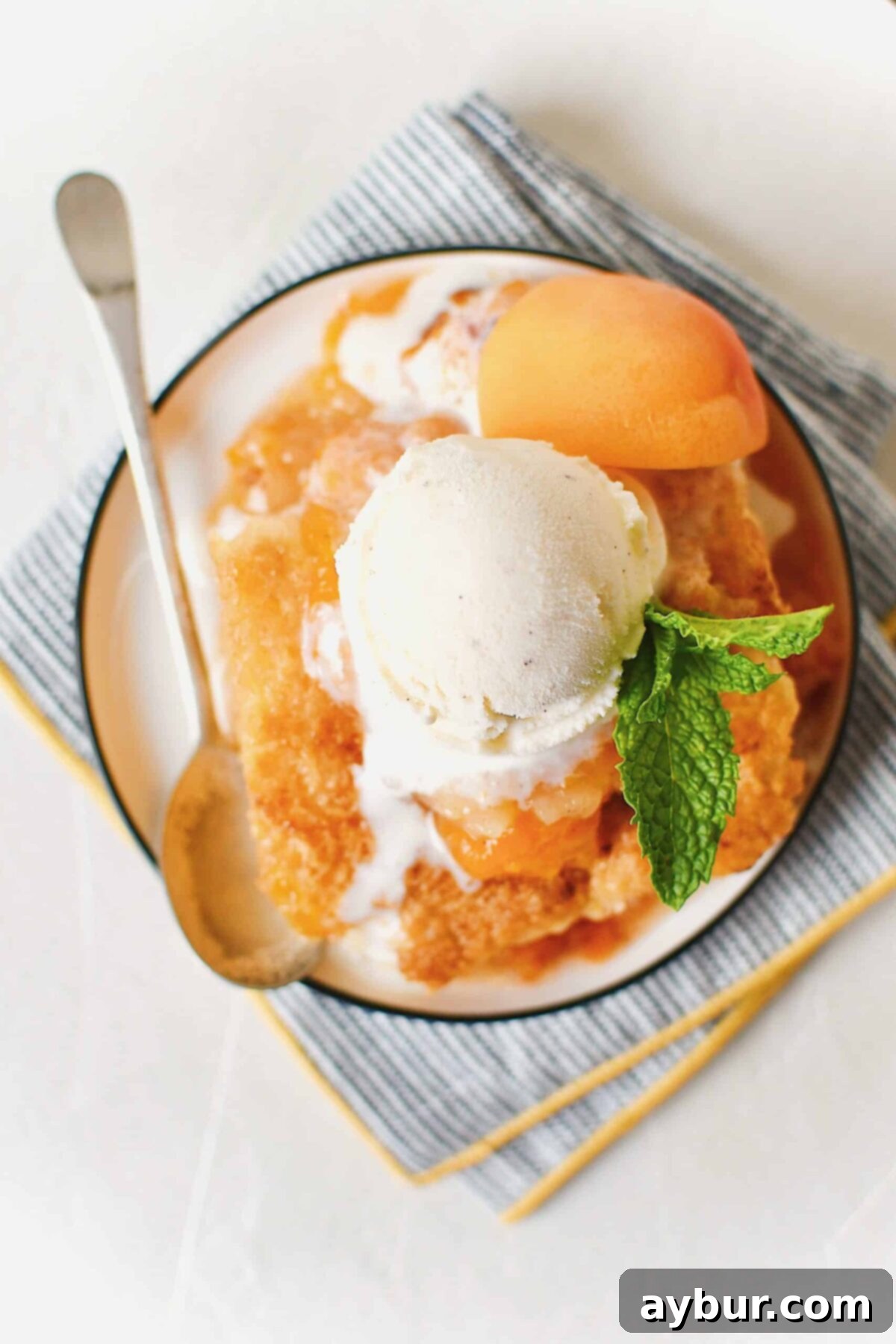 Golden Apricot Cobbler 11 Individual servings of warm Apricot Cobbler with a melting scoop of vanilla ice cream, garnished with a fresh apricot slice and mint, ready to be eaten.