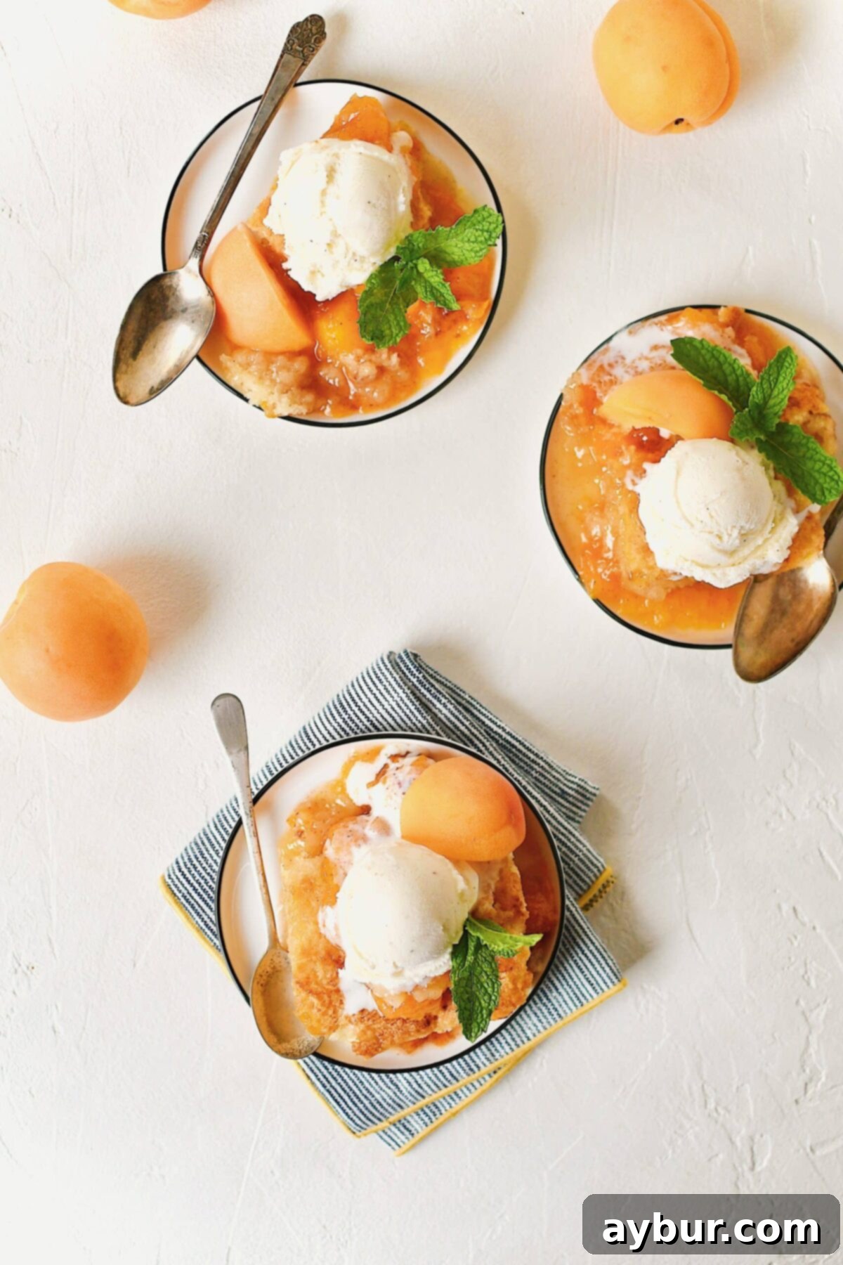 Golden Apricot Cobbler 13 A close-up shot of a single serving of Apricot Cobbler, presented beautifully in a white bowl with a spoon, a fresh mint sprig, and a slice of apricot, emphasizing its inviting textures.