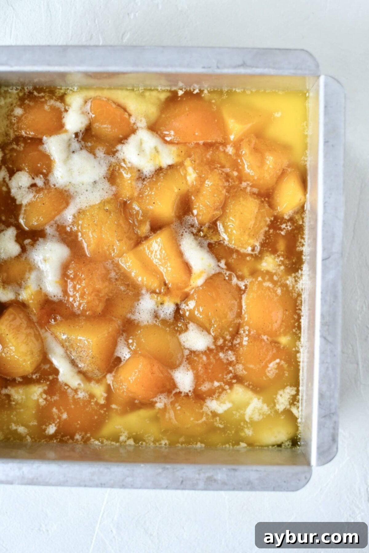 Golden Apricot Cobbler 8 Bright orange cooked apricots, glistening in their syrup, spooned evenly over the prepared cake batter in the baking tin.