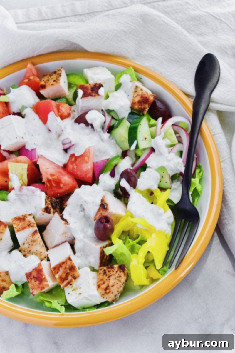 Zesty Greek Chicken Salad 5 Finished Greek Chicken Salad ready to be enjoyed, showcasing layers of freshness