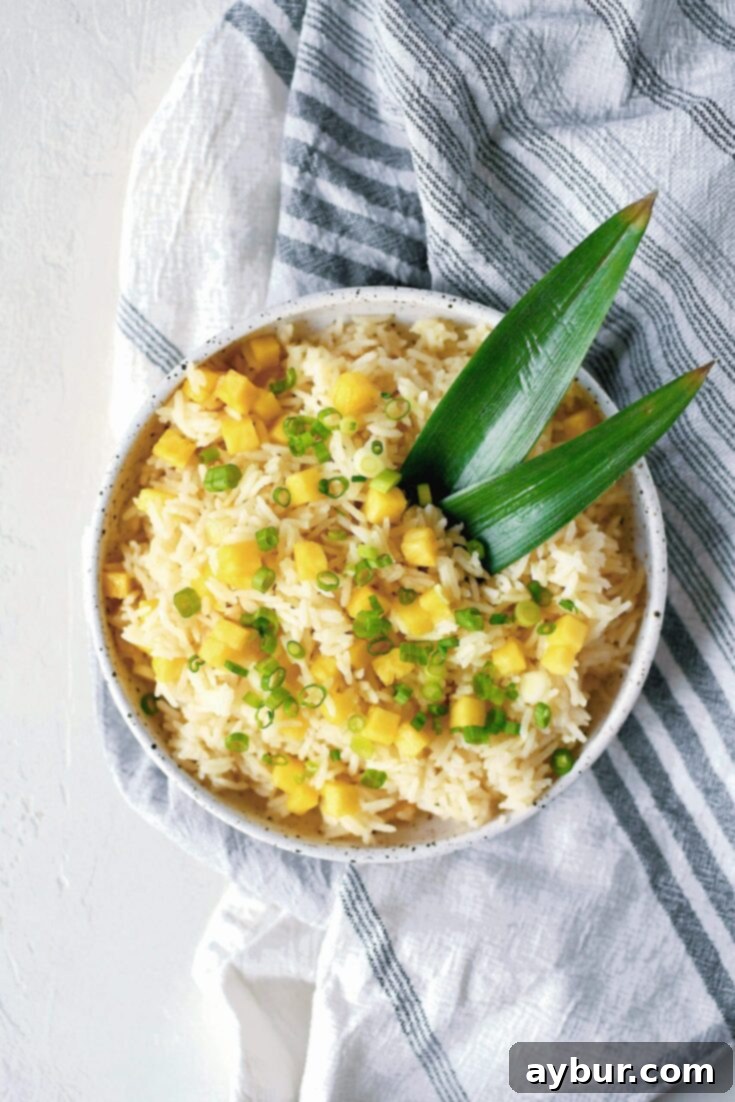 Tropical Coconut Pineapple Rice 5 Pineapple Coconut Rice in a bowl topped with diced pineapple and green onions.