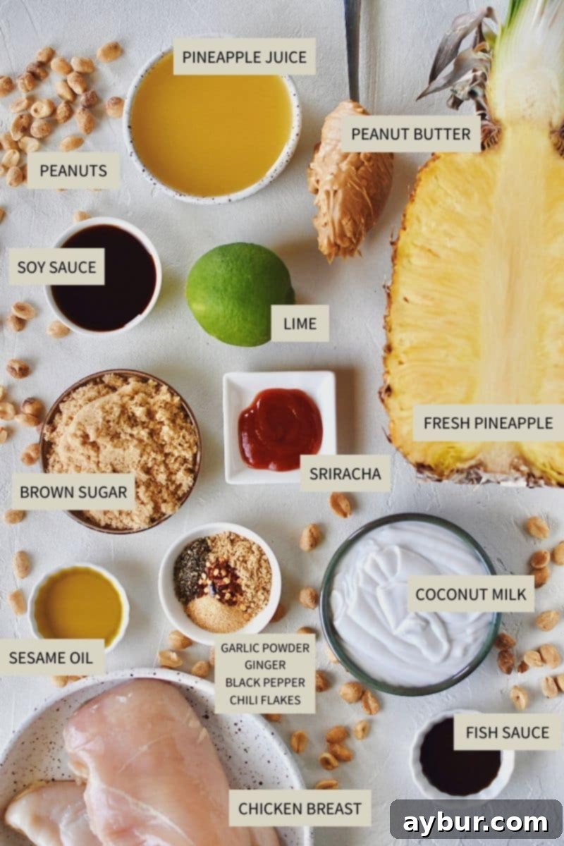 Tropical Peanut Chicken Skewers 3 Ingredients needed to make Pineapple Peanut Chicken Skewers.